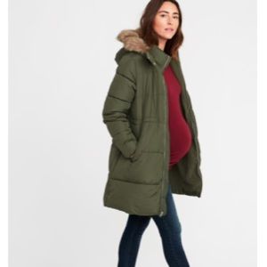 Maternity Long Line Hooded Olive Puffer Jacket Fur